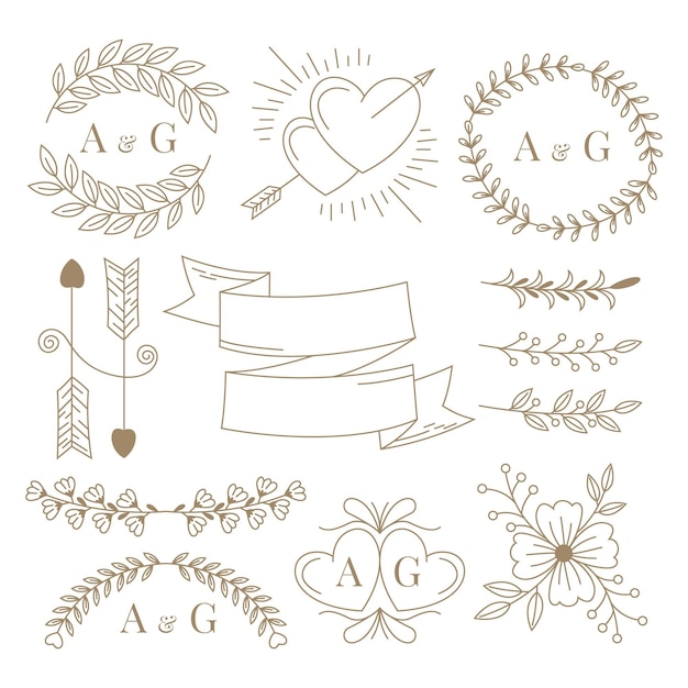 Vector linear flat wedding ornaments collection