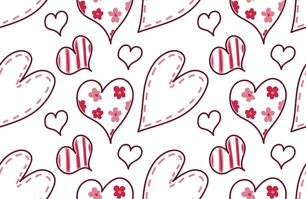 Linear hearts with flowers stripes and threads  Seamless pattern in vector Valentine's day