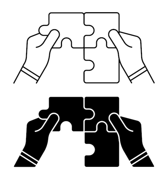 Linear icon Man hands connect puzzle pieces Teamwork Joining forces to complete task Simple blac