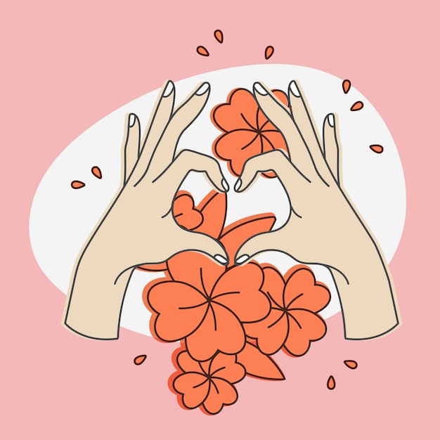 Vector linear illustration of female hands show heart silhouette. heart shape silhouette with flowers. concept illustration of girl power.