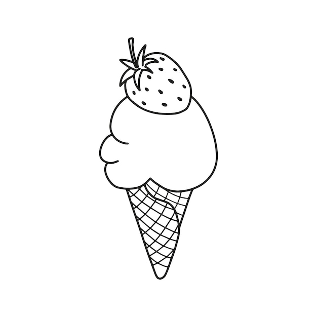 Illustrazione lineare di gelato con fragola in cima. gelato in una cialda.