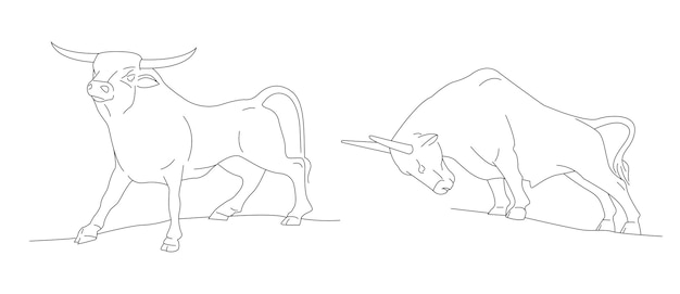 Линейная иллюстрация одной тонкой линией быка или быка в разных позах представляет собой нарисованный вручную контур