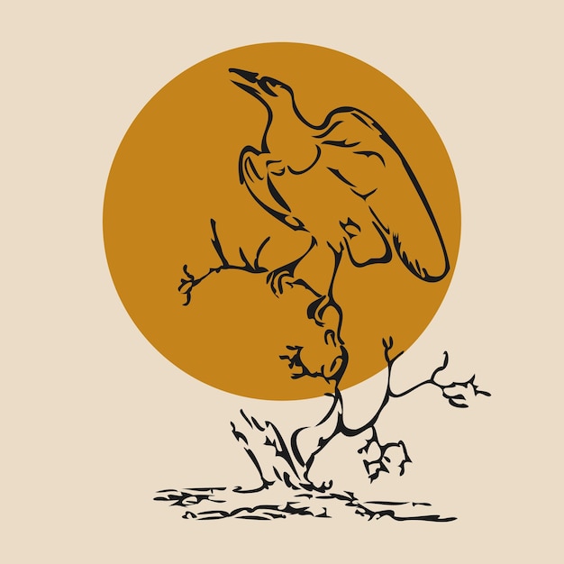 Linear illustration of the raven sitting on the tree Happy Halloween on the beige background