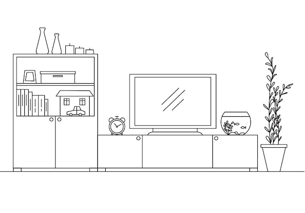 Linear interior with a closet TV and aquarium Vector illustration