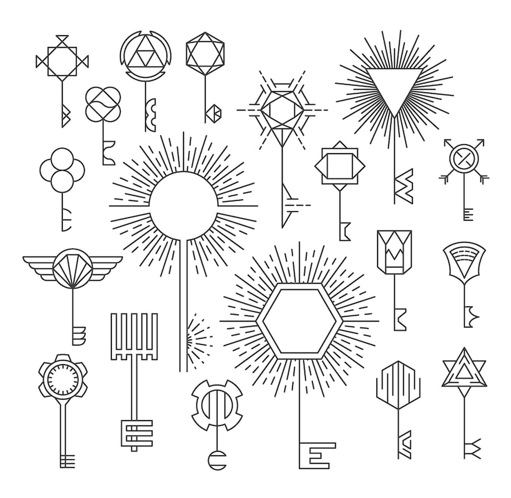 Vector linear key set, hipster style, logotypes and signs, design elements.