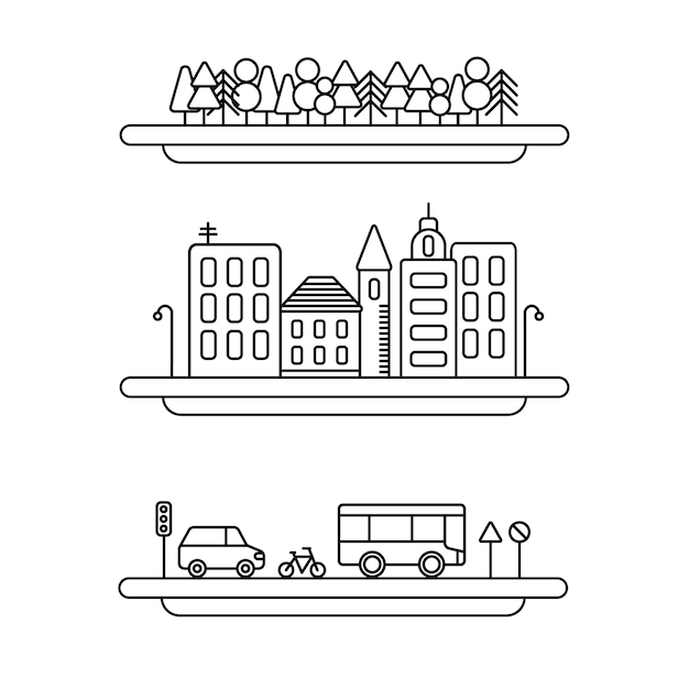 linear landscape elements vector icons set. line trees,vector cityscape collection,road set