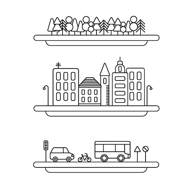 Linear landscape elements vector icons set. line trees,vector cityscape collection,road set