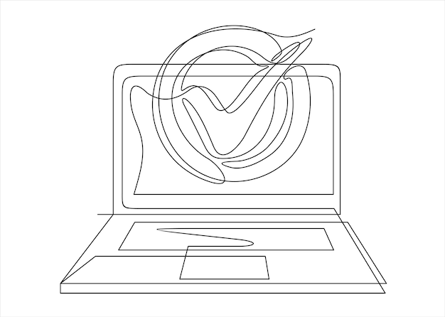 linear laptop with green check mark concept of okay system update process or privacy control