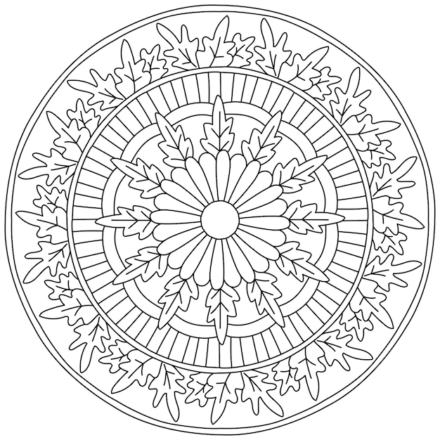 Mandala lineare con foglie intagliate e fiore multipetalo al centro pagina da colorare con elementi vegetali