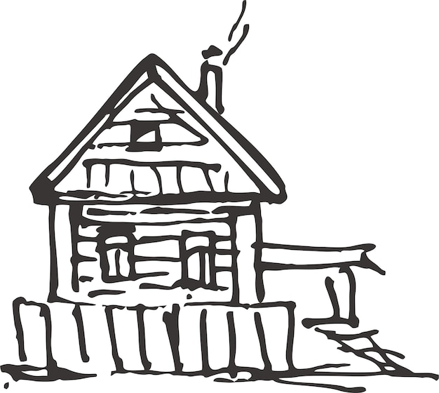 Vector linear pen drawing of an old wooden house