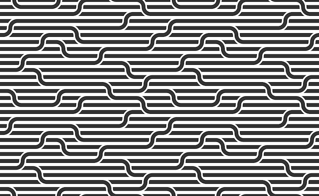 ねじれた線、ベクトルの抽象的な幾何学的パターン、縞模様の織り、光学迷路、webネットワークと線形のシームレスな背景。黒と白のデザイン。