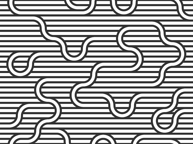 Linear seamless background with twisted lines, vector abstract geometric pattern, stripy weaving, optical maze, web network. black and white design.