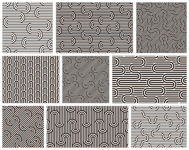 Vector linear seamless backgrounds with twisted lines, vector abstract geometric patterns set, stripy weaving, optical maze, web network.