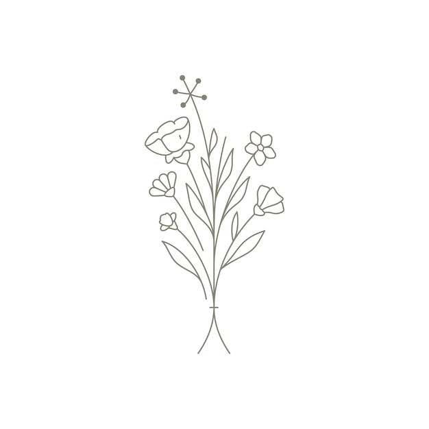 벡터 생일 부활절 어머니의 날을 위한 민들레, 카모마일 야생화가 있는 선형 간단한 꽃다발