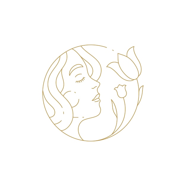 手でチューリップを嗅ぐ線形のシンプルなロゴの女性の顔は、美容院のベクトルのための円のフレームを描いた