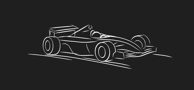 Vector linear sketch illustration of a bolide racing car white line on black backdrop graphic element