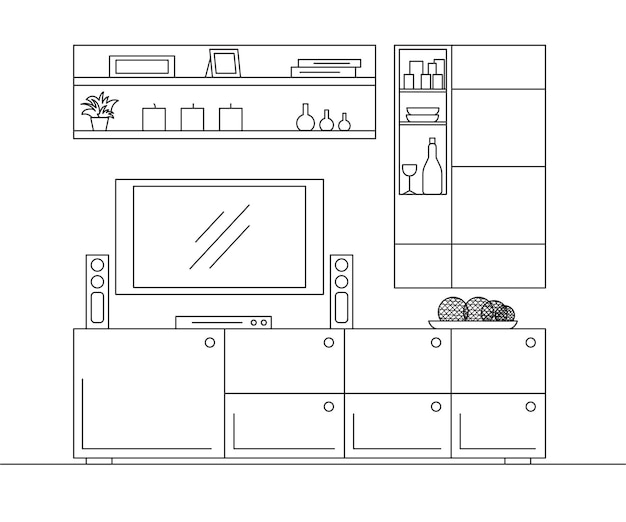 Линейный эскиз интерьера Стеллаж-комод с телевизором и полками Линейный эскиз интерьера в современном стиле