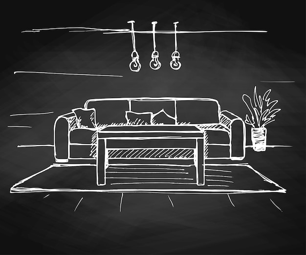 Linear sketch of an interior on the chalkboard Room plan Vector illustration