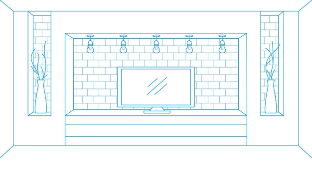 Linear sketch of the interior dresser with tv and shelves vector illustration