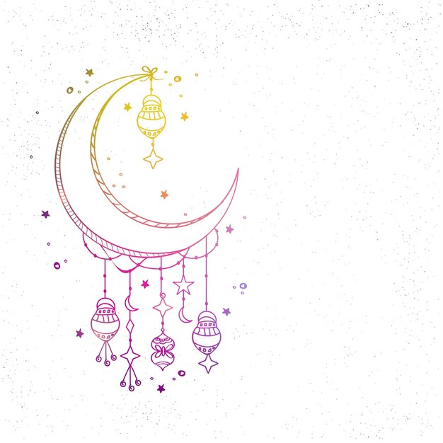 Linear Style Crescent Moon With Hanging Lanterns Stars Decorated White Background And Copy Space