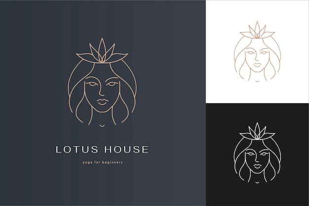 Linear template logo symbols with female silhouette on nude background