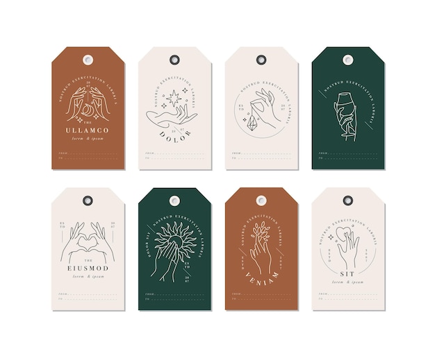 Linear template logos or emblems - hands in in different gestures depicted on tags.