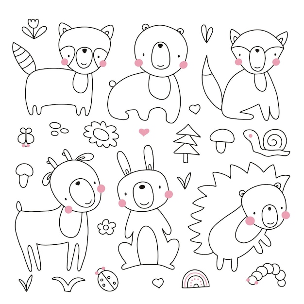 Premium Vector | The linear vector children's illustration set of cute forest animals Premium Vector | The linear vector children's illustration set of cute forest animals