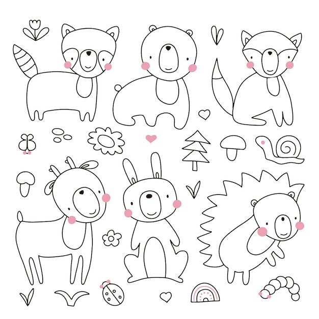 The linear vector children's illustration set of cute forest animals