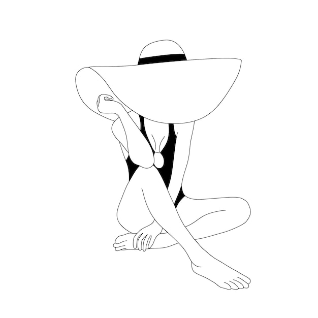 Linear woman in straw hat Abstract female silhouette in black swimsuit One line drawing Modern vector illustration in line art style