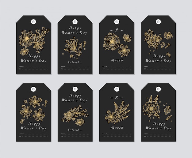 Vector linear  for women's day greetings elements on white background. spring golidays tags set with typography and golden icon.