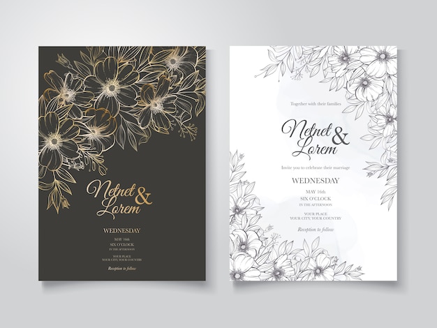 Lineart floral wedding invitation card template