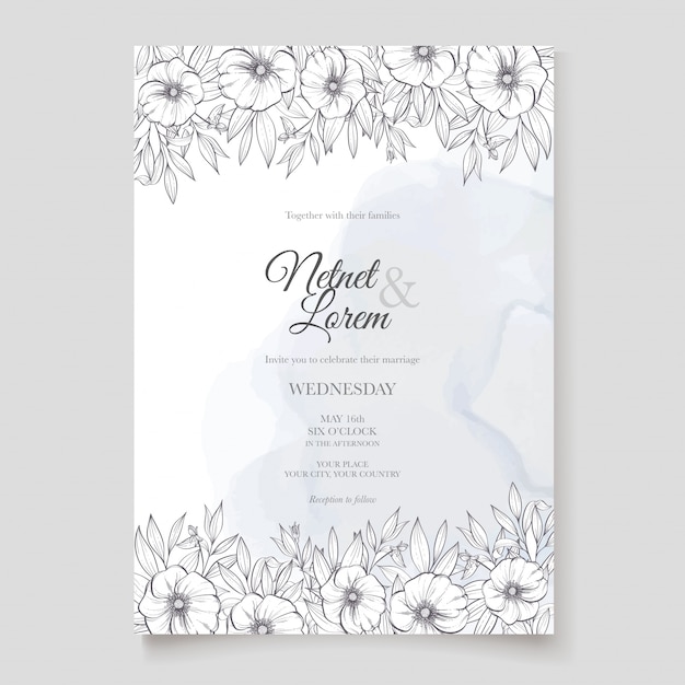 Lineart floral wedding invitation card template