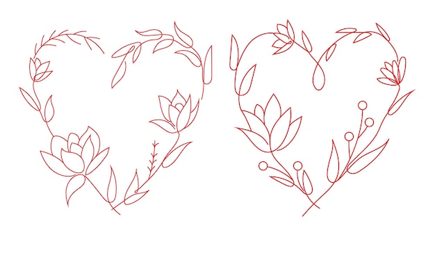 Lineart heart of flowers set illustrations