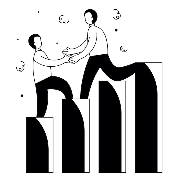 Lineart Illustration of a Business People Climbing Success Bar with Team Help Business Concept