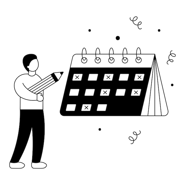 Lineart Illustration of a Man holding Pencil with Calendar Business Concept