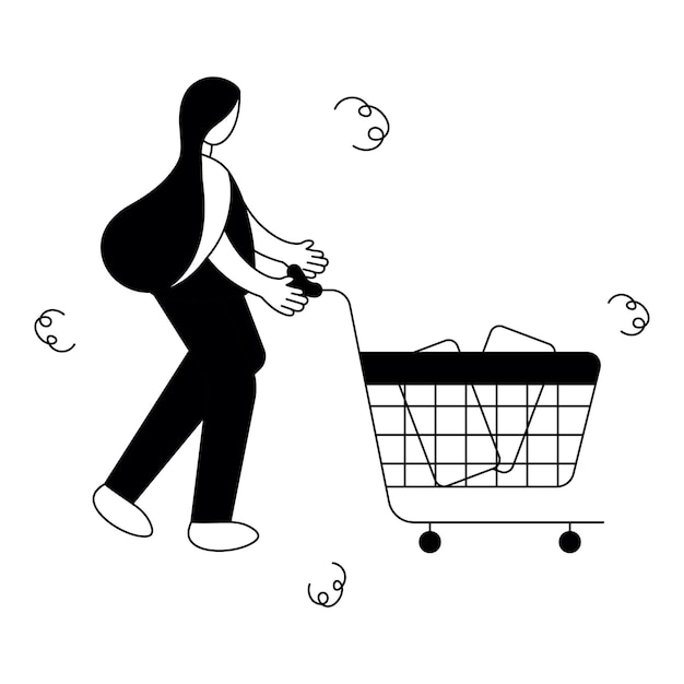 Линейная иллюстрация женщины с бизнес-концепцией корзины