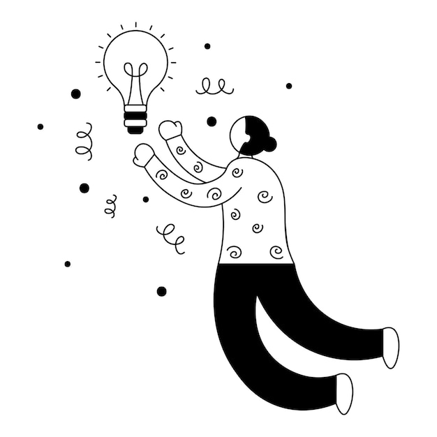 Lineart illustration of a woman trying to catch an idea bulb business concept