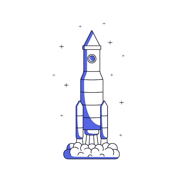 Lineart raketschip vliegen tot toekomstige kosmos Raketschip gelanceerd naar ruimte universum Shuttle ruimteschip boost versnellen met motor vlam platte vectorillustratie geïsoleerd op witte achtergrond