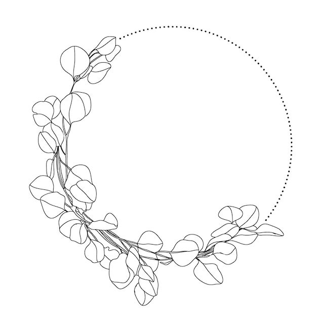 Vector lineart wreath with eucalyptus leaves and dots