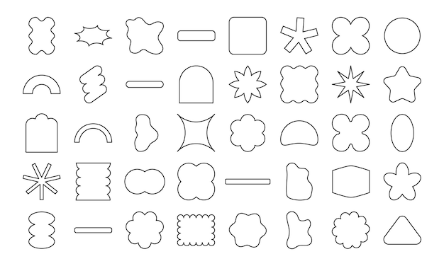 벡터 줄지어 있는 굵은 추상 기하학적 모양 손으로 그린 스티커 모양 타원형 직사각형 선 꽃 블링 추상 배경 요소 브랜딩 포장 인쇄 및 소셜 미디어 게시물