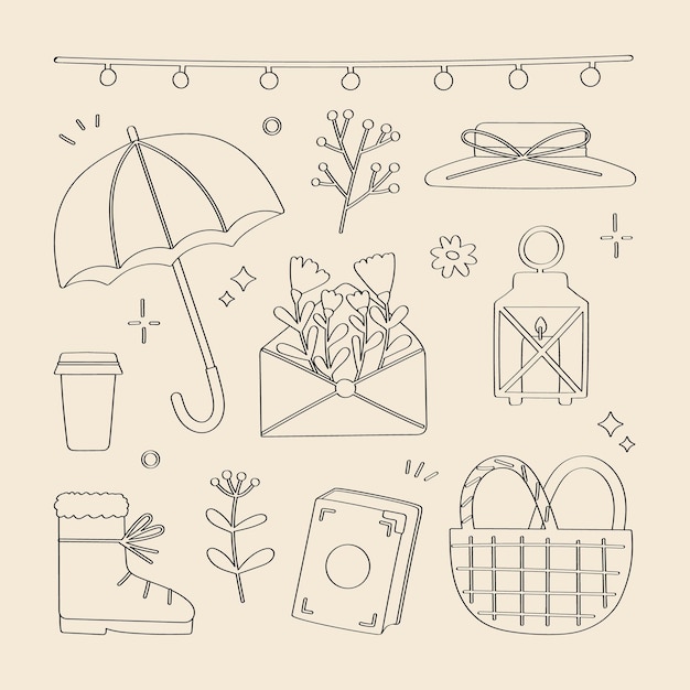 Vector lined cute hygge autumnal scrapbook home cozy elements for party harvest festival or thanksgiving day hat umbrella flowers envelope candle lantern picnic basket books coffee shoes hanging light