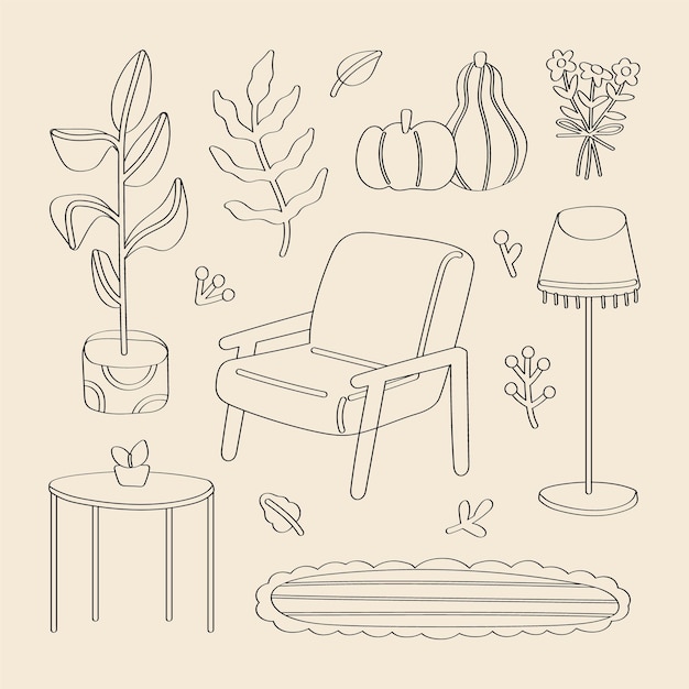 Vector lined hygge mood interior decor chair floor lamp carpet table vase flower leaf houseplant pumpkin illustration with autumn home cozy elements scandinavian style