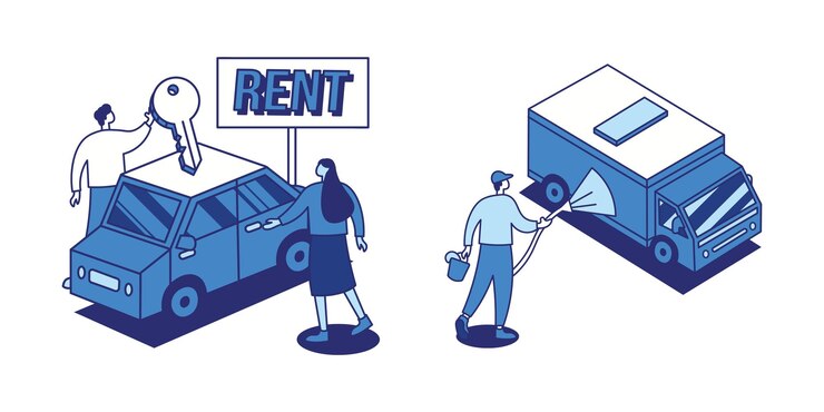 Vector lined isometric car rental amp cleaning 8