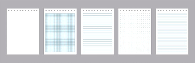 Lined note pages realistic notebook sketchbook and diary page with lines grids an dots texture school homework blank paper sheet vector set