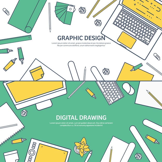 Vector lined ouline flat graphic web design drawing and painting development illustration and sketching