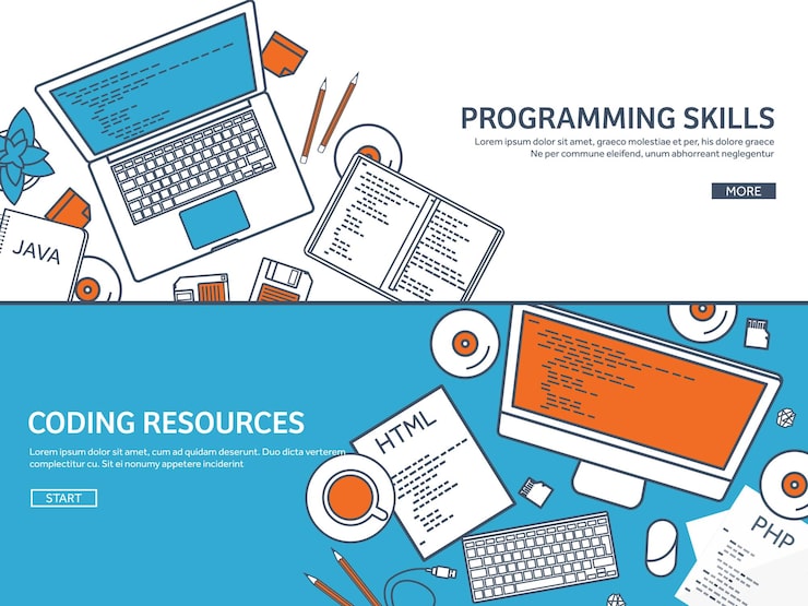 Vector lined programming coding and seo outline computing background code hardware software web development