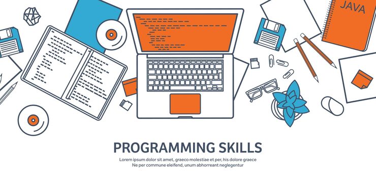 Vector lined programming coding and seo outline computing background code hardware software web development