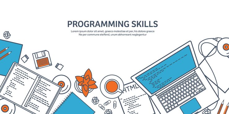Vector lined programming coding and seo outline computing background code hardware software web development