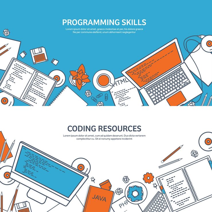 Vector lined programming coding and seo outline computing background code hardware software web development
