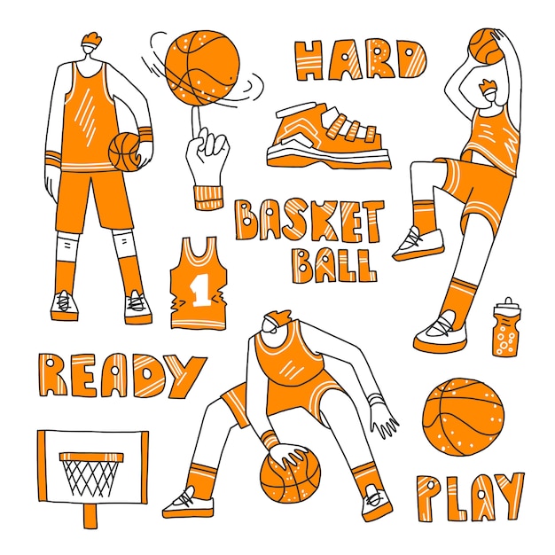 Vector lined set of basketball - basketball players, basket, ball, sneakers.